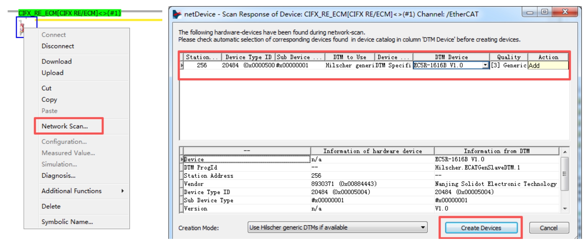 How do I complete the EtherCAT configuration of the EC5R-1616B on a Hilscher CIFX 50-RE board?
